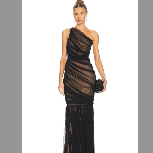 Norma Kamali Diana Fishtail Gown- Black Mesh with Nude Liner